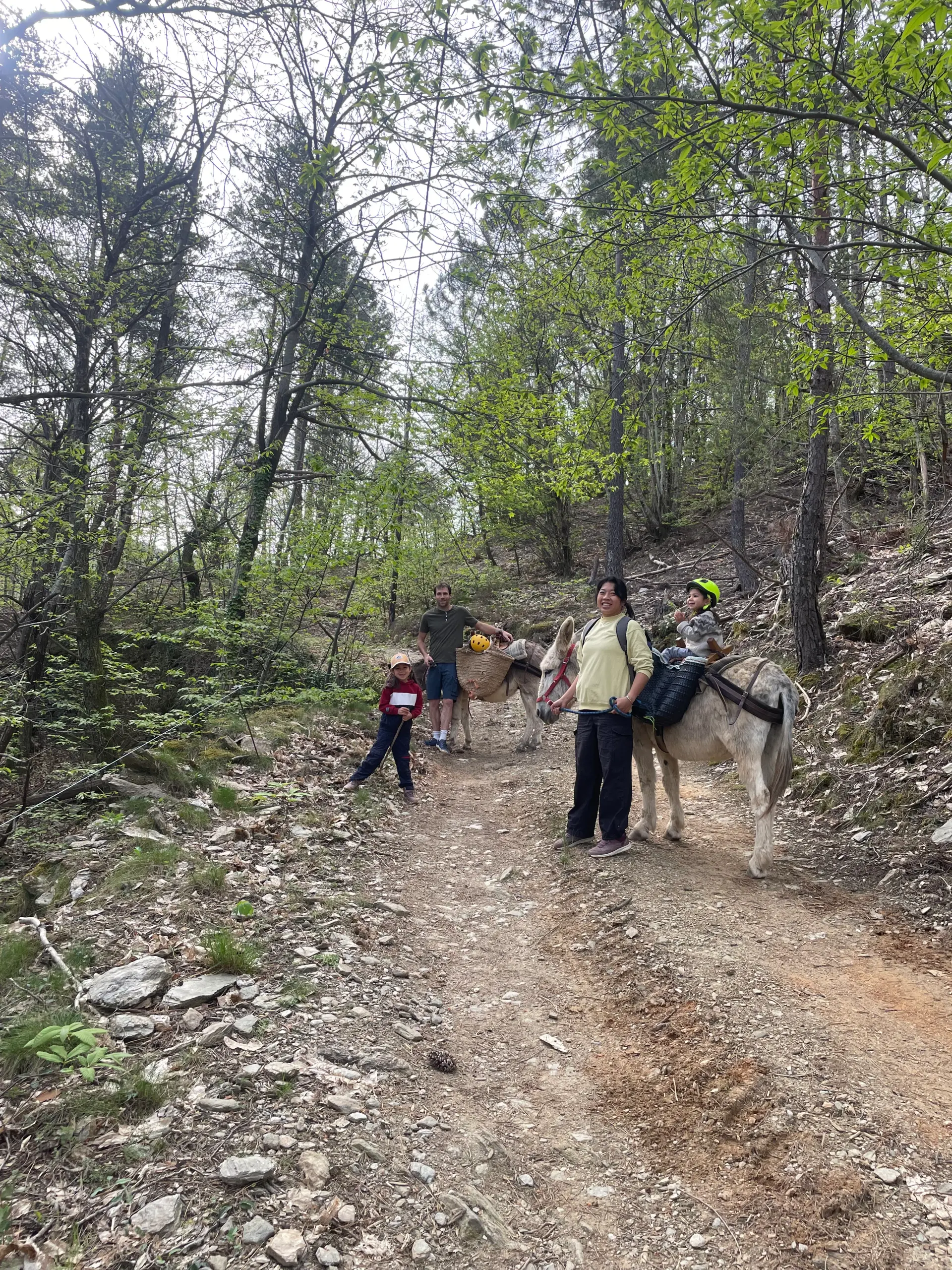 Randonnée en famille avec un âne dans les Cévennes, enfants sur la croupe